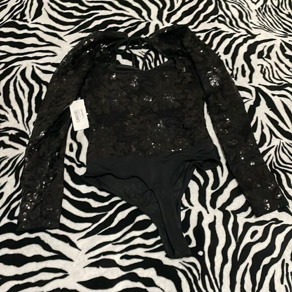 Fore black sequins sweetheart long sleeve bodysuit Onsie open keyhole tie back - Picture 10 of 11